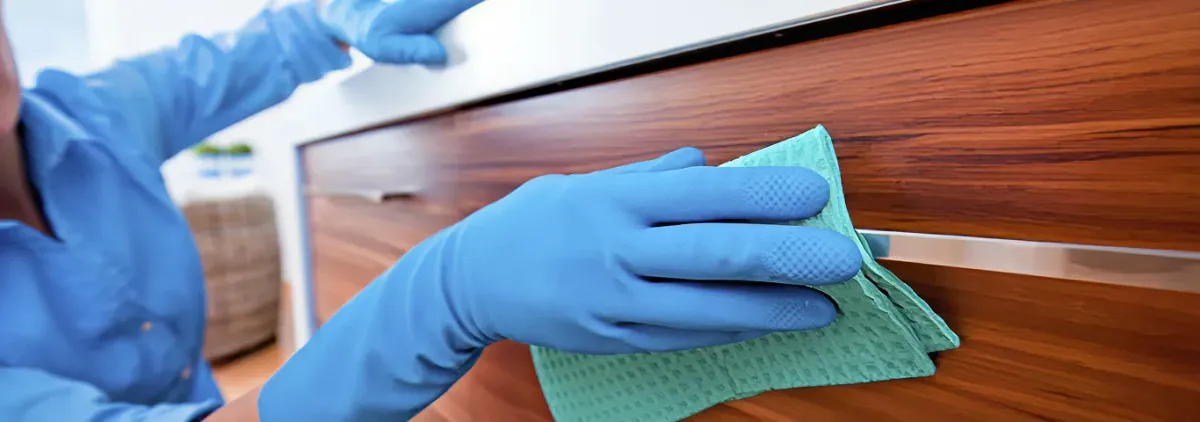 Cleaner wearing blue gloves wiping a wooden cabinet drawer with a microfiber cloth for dust and grime removal, Raleigh, NC.